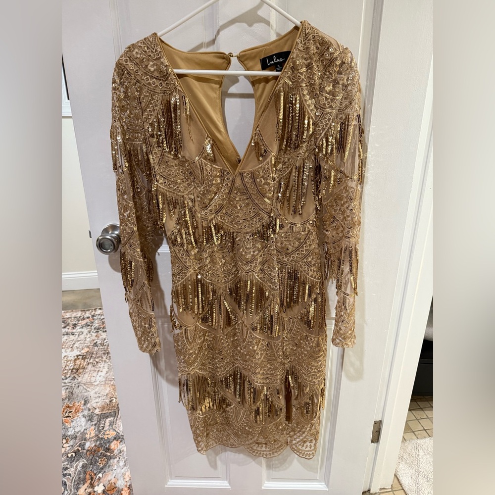 Lulu's Gold Lace Long Sleeve Dress